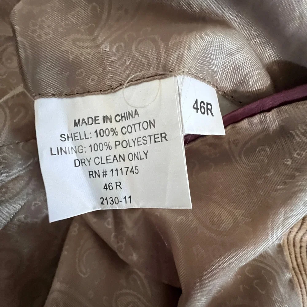 Alan Flusser Blazer Mens 46R Tan Corduroy Sport Coat Two Button Classic Academic